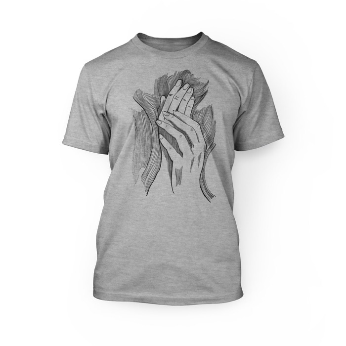 "handmade graphic of hands touching each other on the front of an athletic heather crew neck unisex t-shirt"