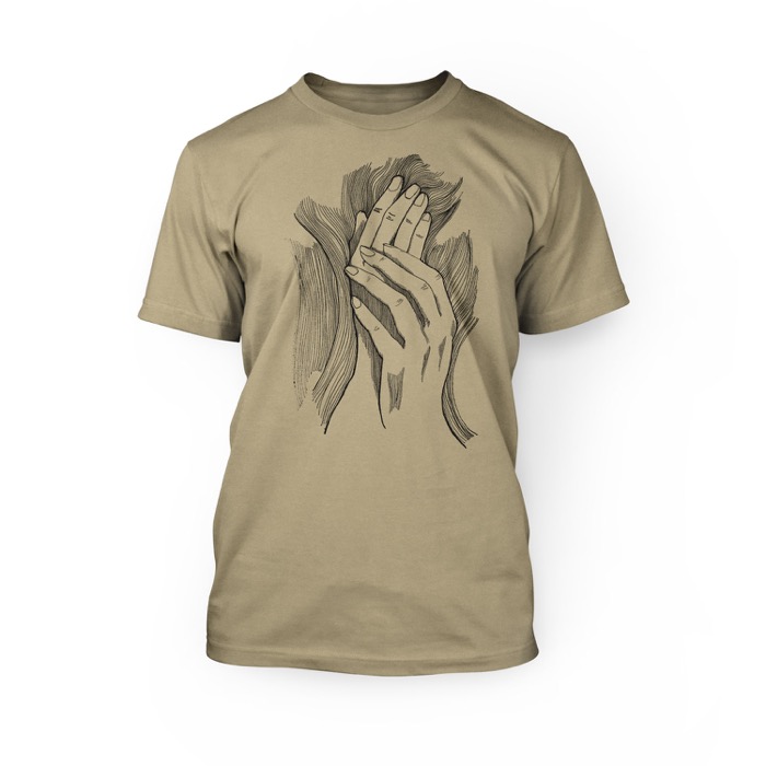 "handmade graphic of hands touching each other on the front of a soft cream crew neck unisex t-shirt"