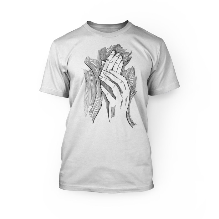 "handmade graphic of hands touching each other on the front of a white crew neck unisex t-shirt"