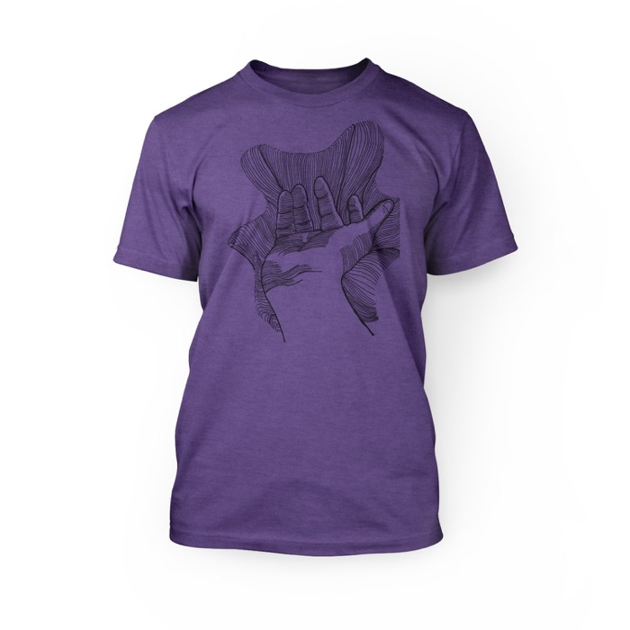 "handmade graphic of a hand on the front of a heather purple crew neck unisex t-shirt"