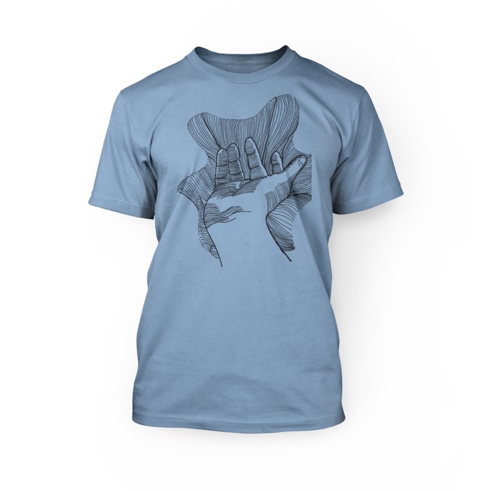 "handmade graphic of a hand on the front of an ocean blue crew neck unisex t-shirt"