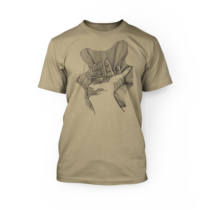 "handmade graphic of a hand on the front of a soft touch crew neck unisex t-shirt"