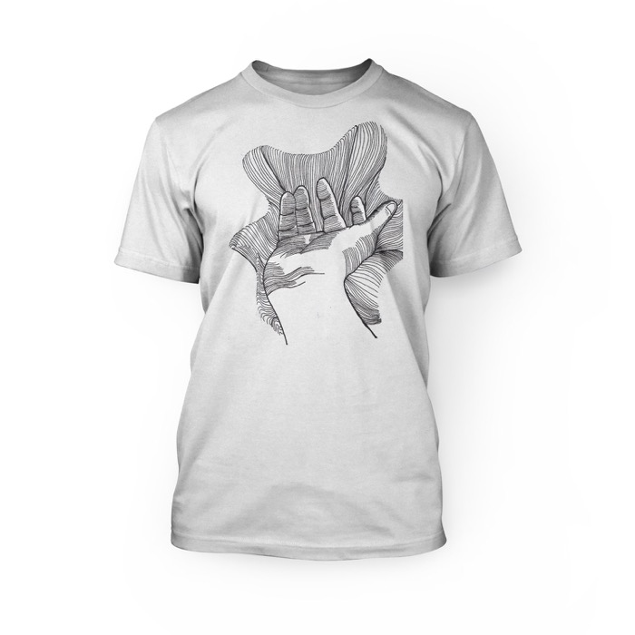"handmade graphic of a hand on the front of a white crew neck unisex t-shirt"