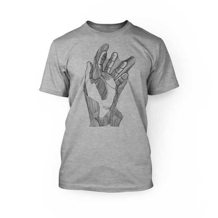 "handmade graphic of a hand on the front of an athletic heather crew neck unisex t-shirt"