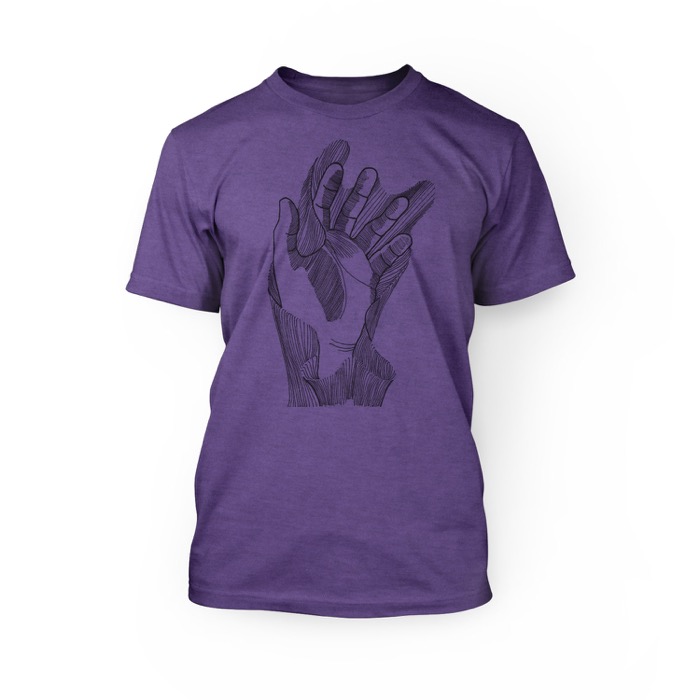 "handmade graphic of a hand on the front of a heather team purple crew neck unisex t-shirt"