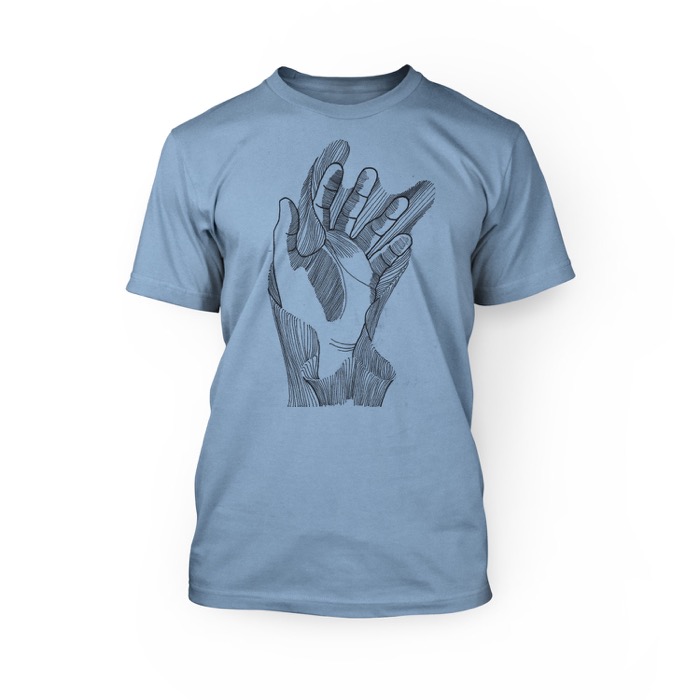 "handmade graphic of a hand on the front of an ocean blue crew neck unisex t-shirt"