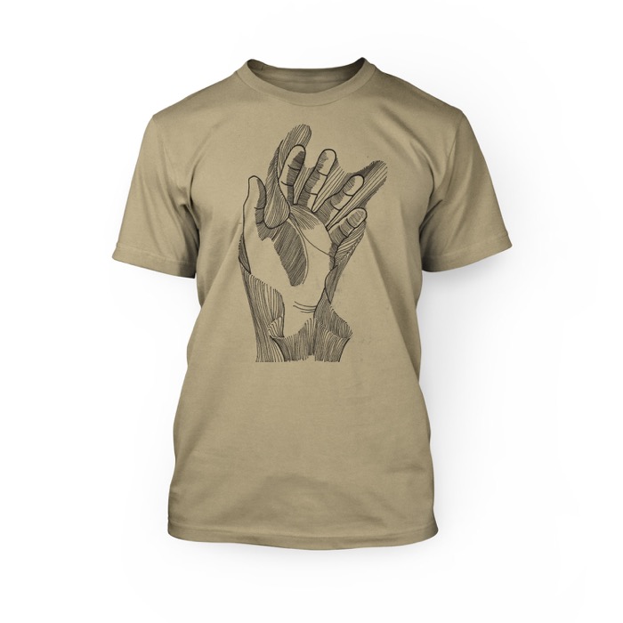 "handmade graphic of a hand on the front of a tan crew neck unisex t-shirt"