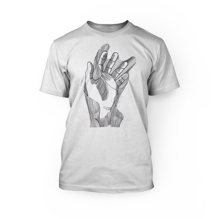 "handmade graphic of a hand on the front of a white crew neck unisex t-shirt"