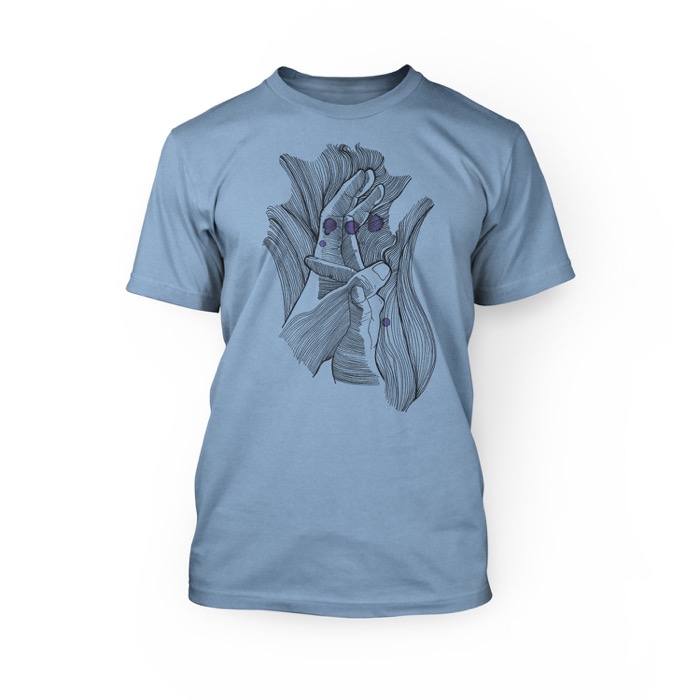 "handmade graphic of holding hands on the front of an ocean blue crew neck unisex t-shirt"