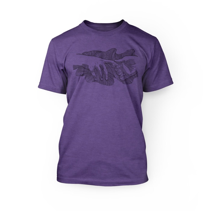 "handmade graphic of touching hands on the front of a heather team purple crew neck unisex t-shirt"
