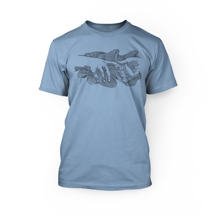 "handmade graphic of touching hands on the front of an ocean blue crew neck unisex t-shirt"