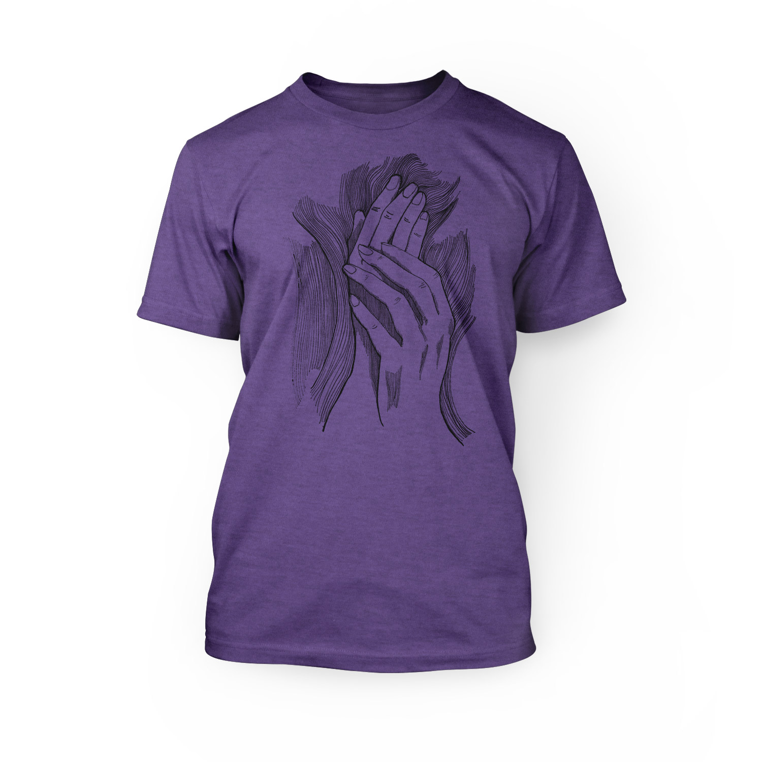"handmade graphic of hands touching each other on the front of a heather team purple crew neck unisex t-shirt"