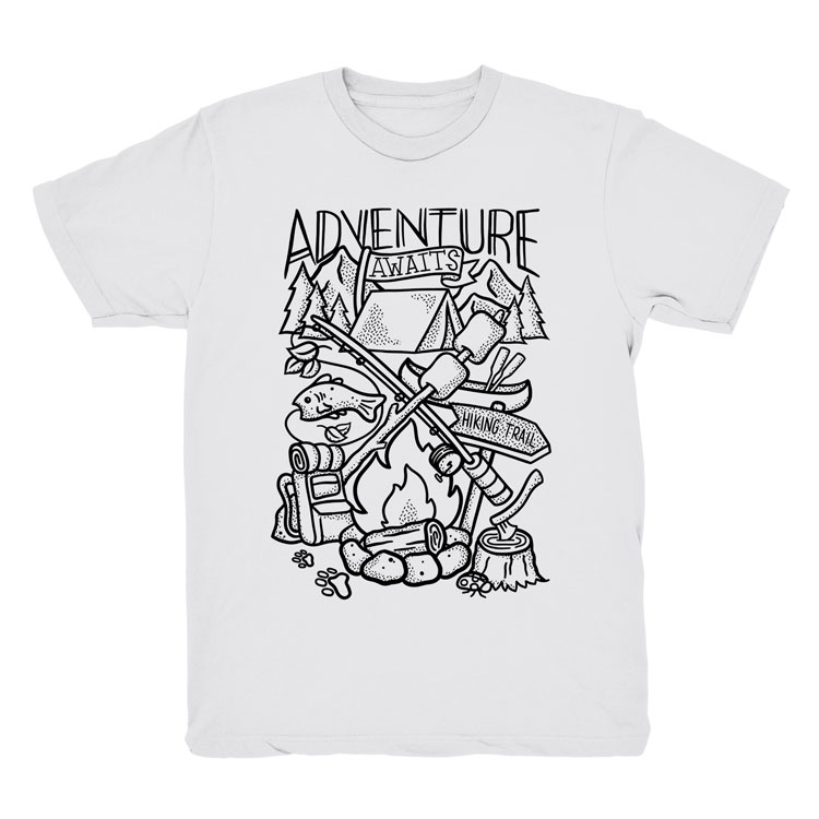 "Doodle Tees 'Adventure Awaits' camping elements black ink design printed on the front of a crewneck adult white shirt"