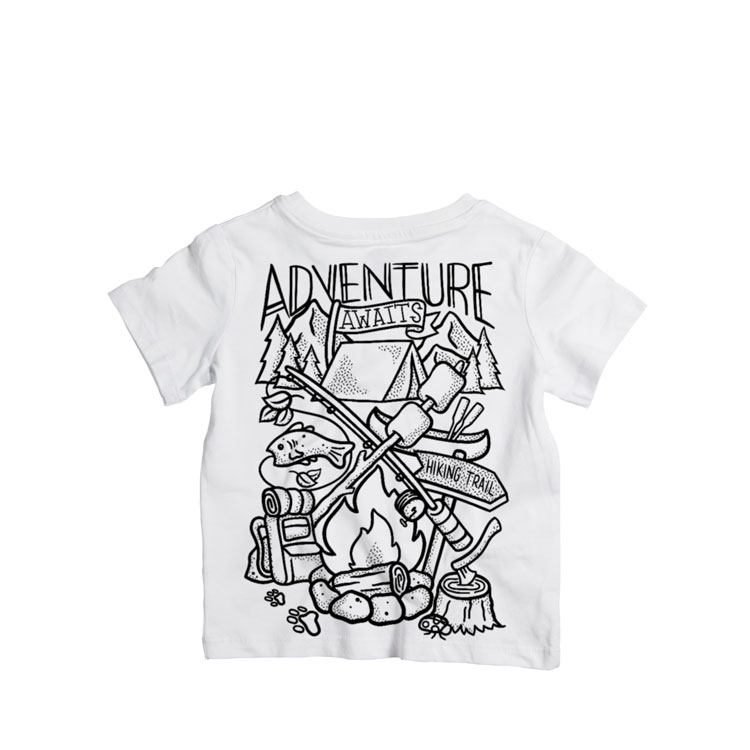 "Doodle Tees 'adventure awaits' with camping graphic elements black ink design on the top of a white toddler shirt"