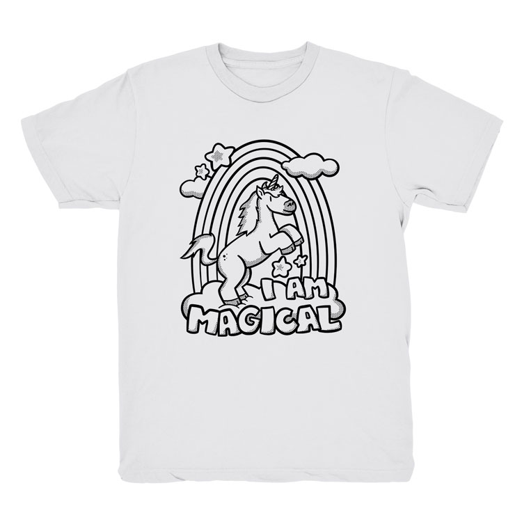 "Doodle Tees 'I Am Magical' black ink design on the top of a white adult shirt"