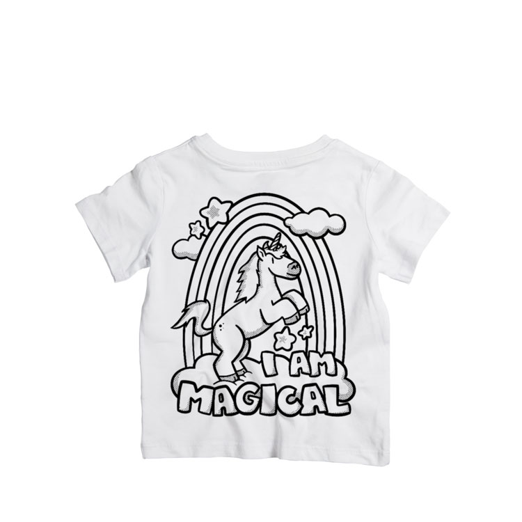 "Doodle Tees 'I Am Magical' black ink design on the top of a white toddler shirt"