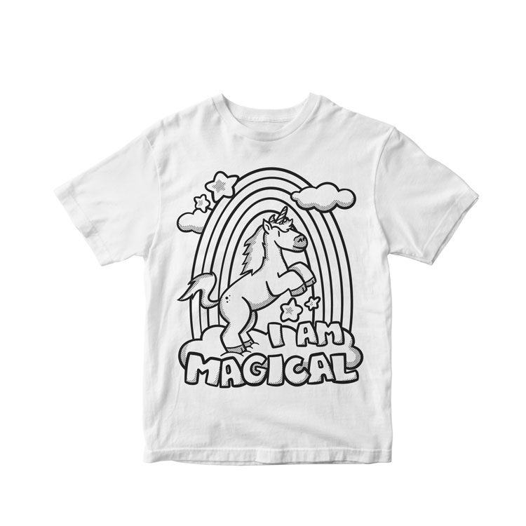 "Doodle Tees 'I Am Magical' black ink design on the top of a white Youth shirt"