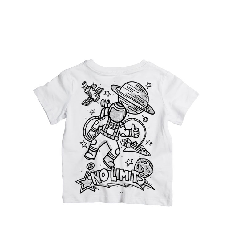 "Doodle Tees 'No Limits' astronaut and planets black ink design printed on the front of a white crewneck shirt"