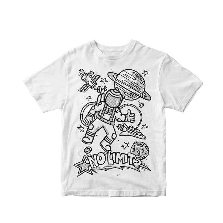 "Doodle Tees 'No Limits' astronaut and planets black ink design printed on the front of a white crewneck shirt"