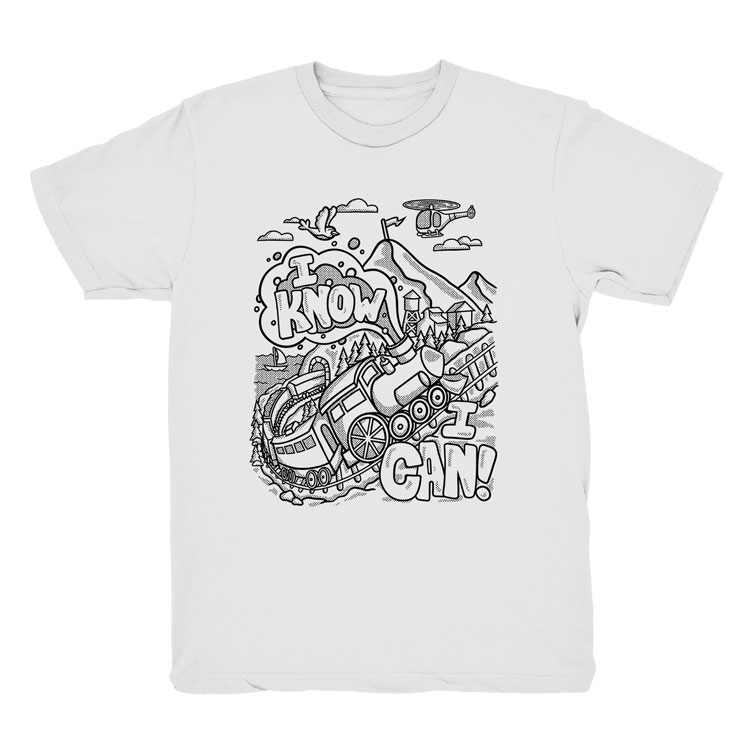"Doodle Tees 'I Know I Can' with train and mountain graphic elements black ink design printed on the front of a white crewneck shirt"