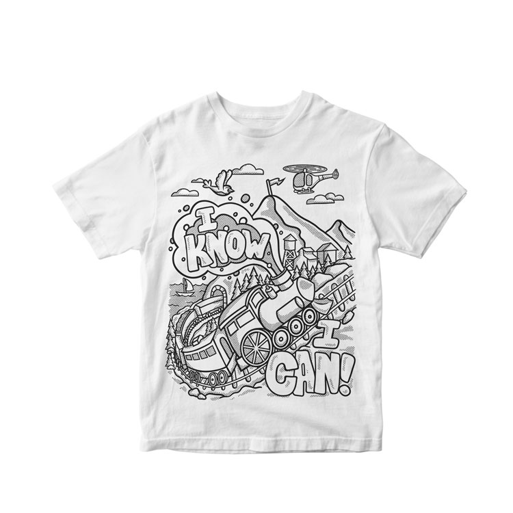 "Doodle Tees 'I Know I Can' with train and mountain graphic elements black ink design printed on the front of a white crewneck shirt"
