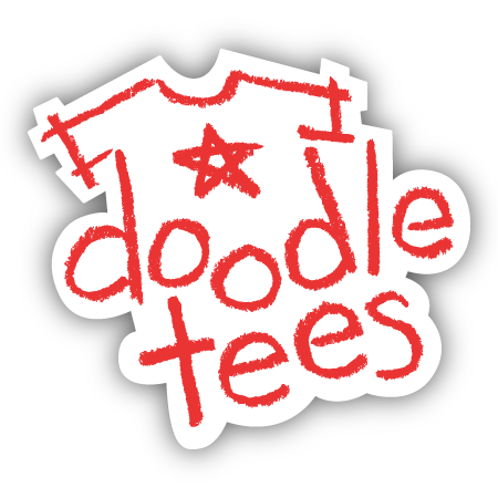 "Doodle Tees white and red charcoal letter logo"