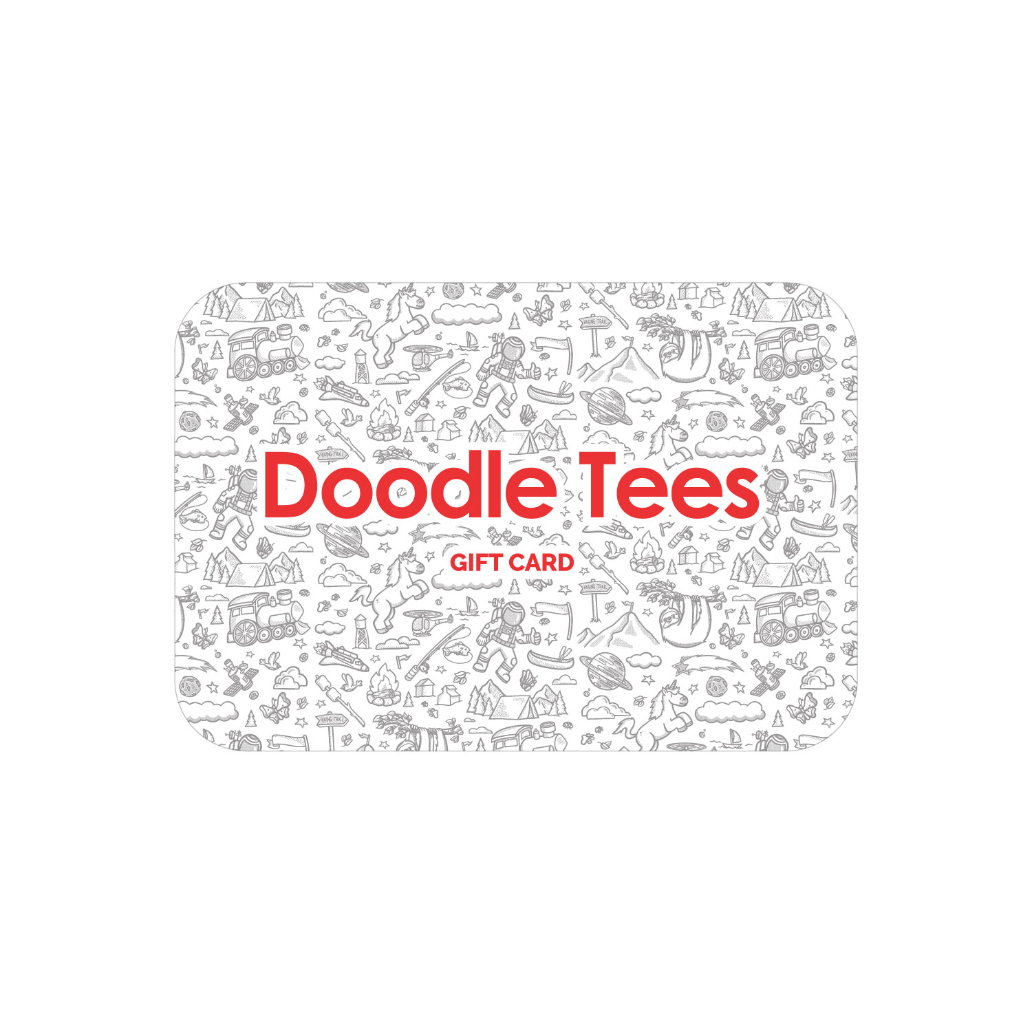 "Doodle tees grift card photo image with red lettering and a background with tiny design elements"