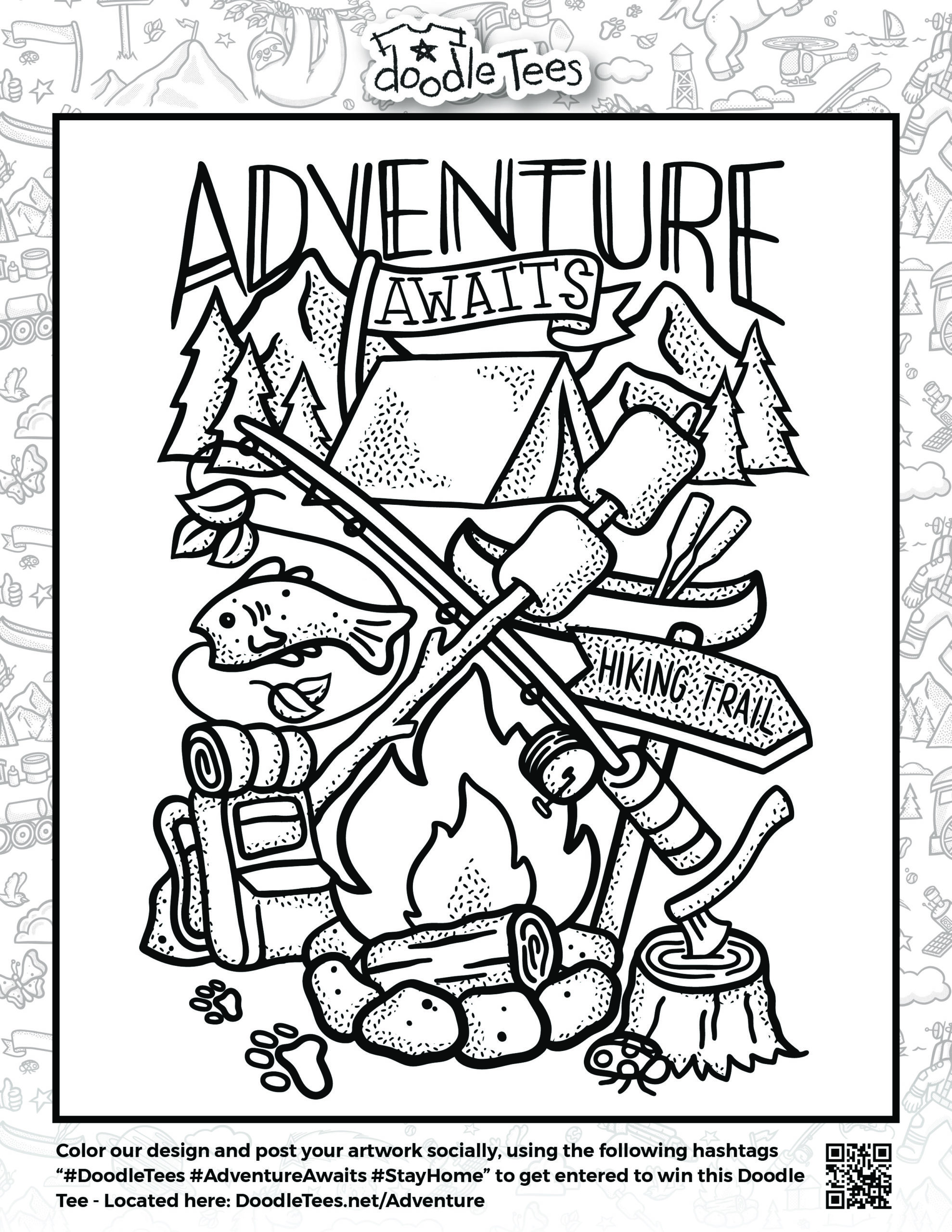 "Doodle Tees 'Adventure Awaits' camping, bonfire and forest design to download and print at home"