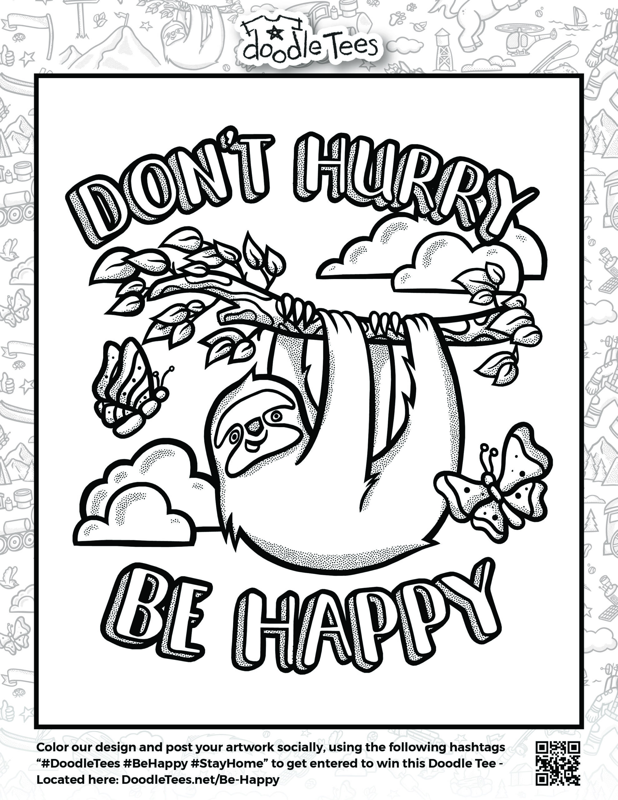 "Doodle Tees 'Dont Hurry Be Happy' sloth design to download and print at home"