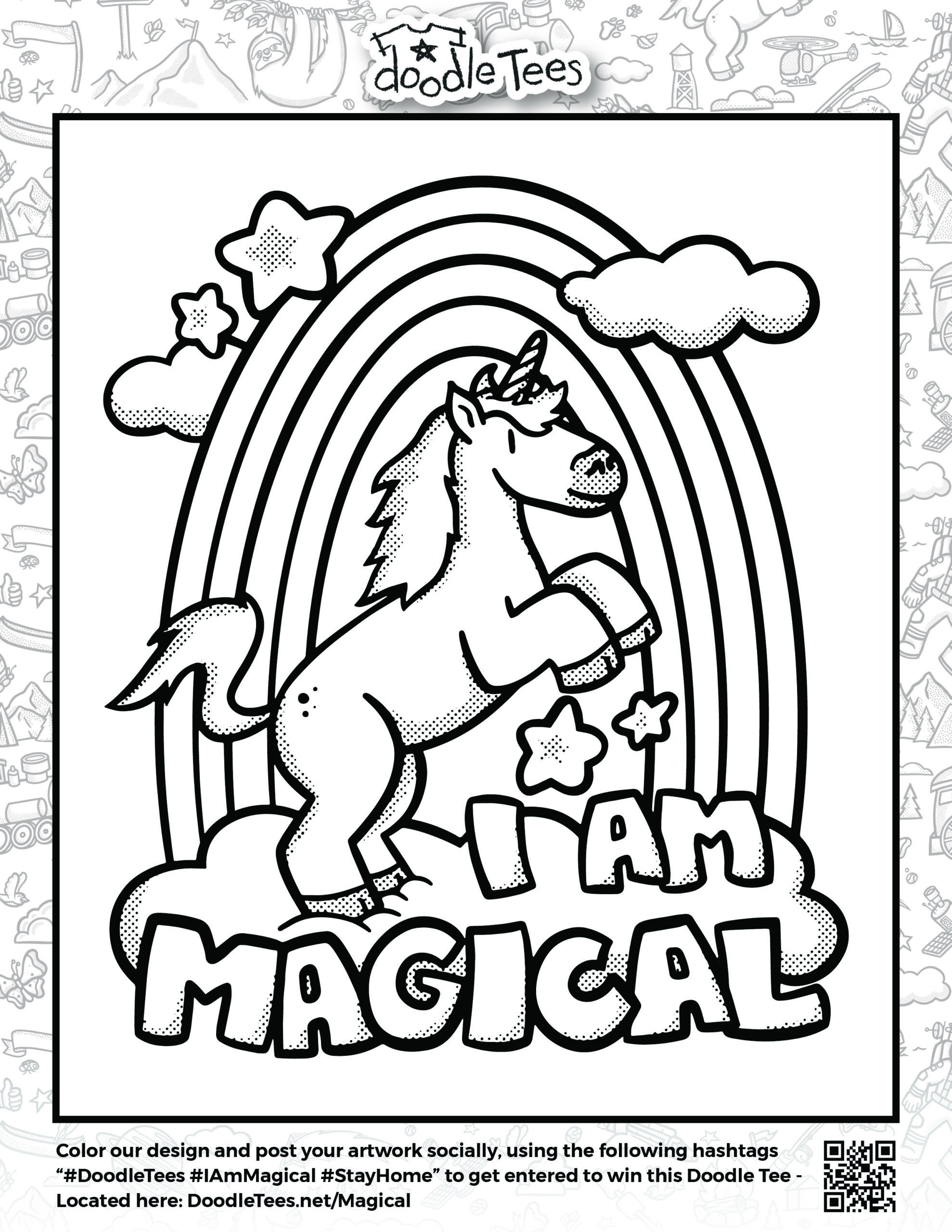 "Doodle Tees 'I Am Magical' unicorn, rainbow and clouds design to download and print at home"