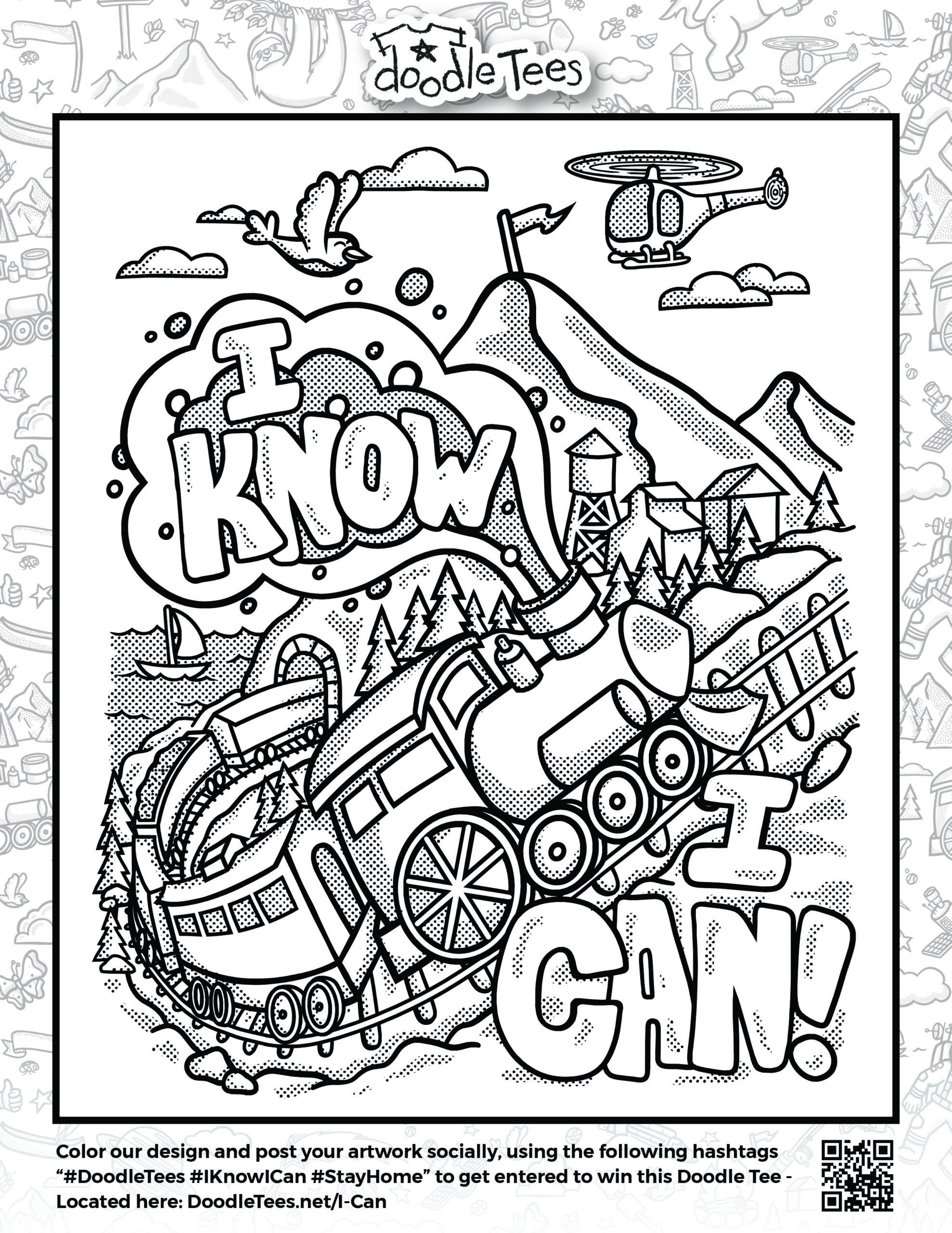 "Doodle Tees 'I Know I Can' train, mountains and helicopter design to download and print at home"