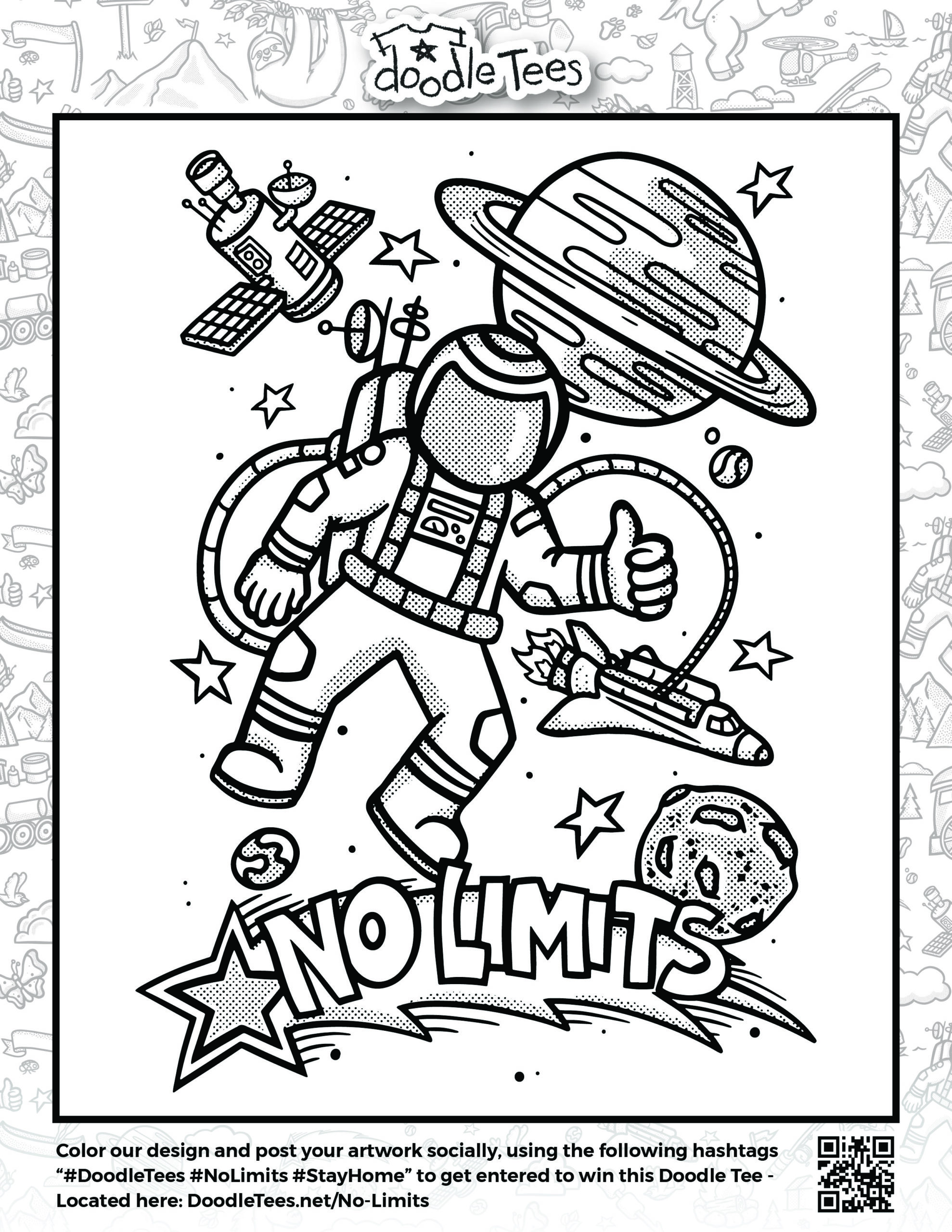 "Doodle Tees 'No Limits' astronaut, galaxy and skyrocket design to download and print at home"